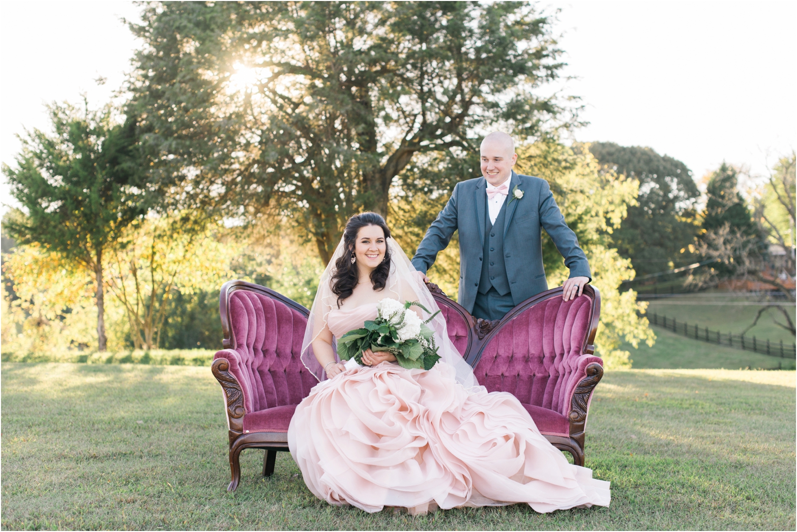 bride and groom on vintage couch by joy michelle photography 