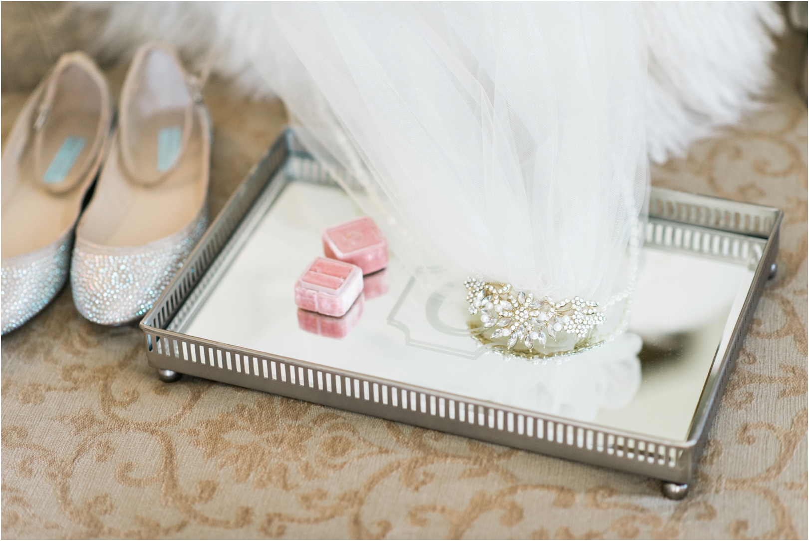 glamorous wedding details on mirror tray