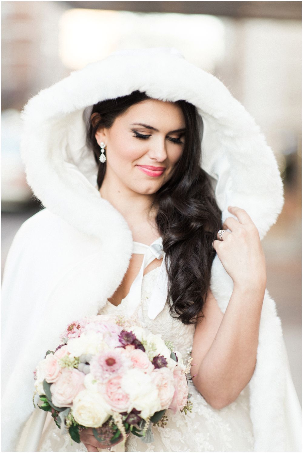 White hooded wedding day cape for bride winter wedding