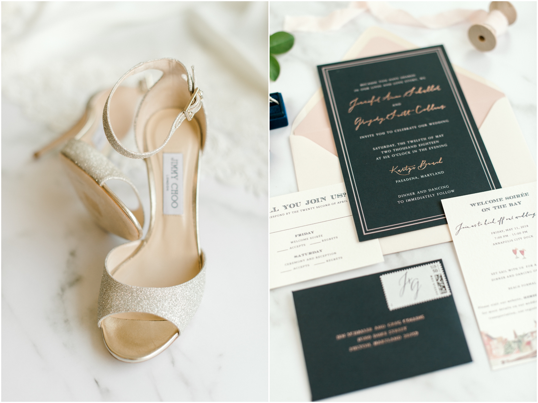 Navy and blush spring waterfront wedding celebration at Kurtz’s Beach in Pasadena, MD featuring neutral florals, custom touches, and high-end details.