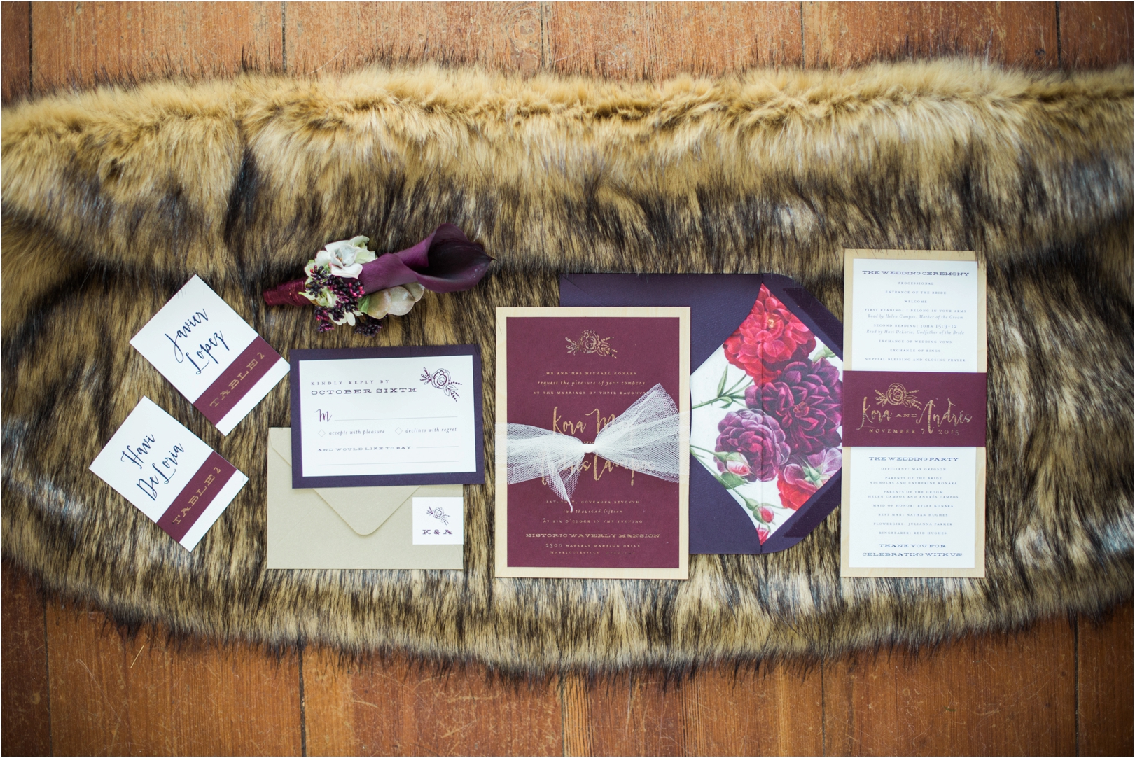 winter wedding burgundy and copper themed invitation suite 