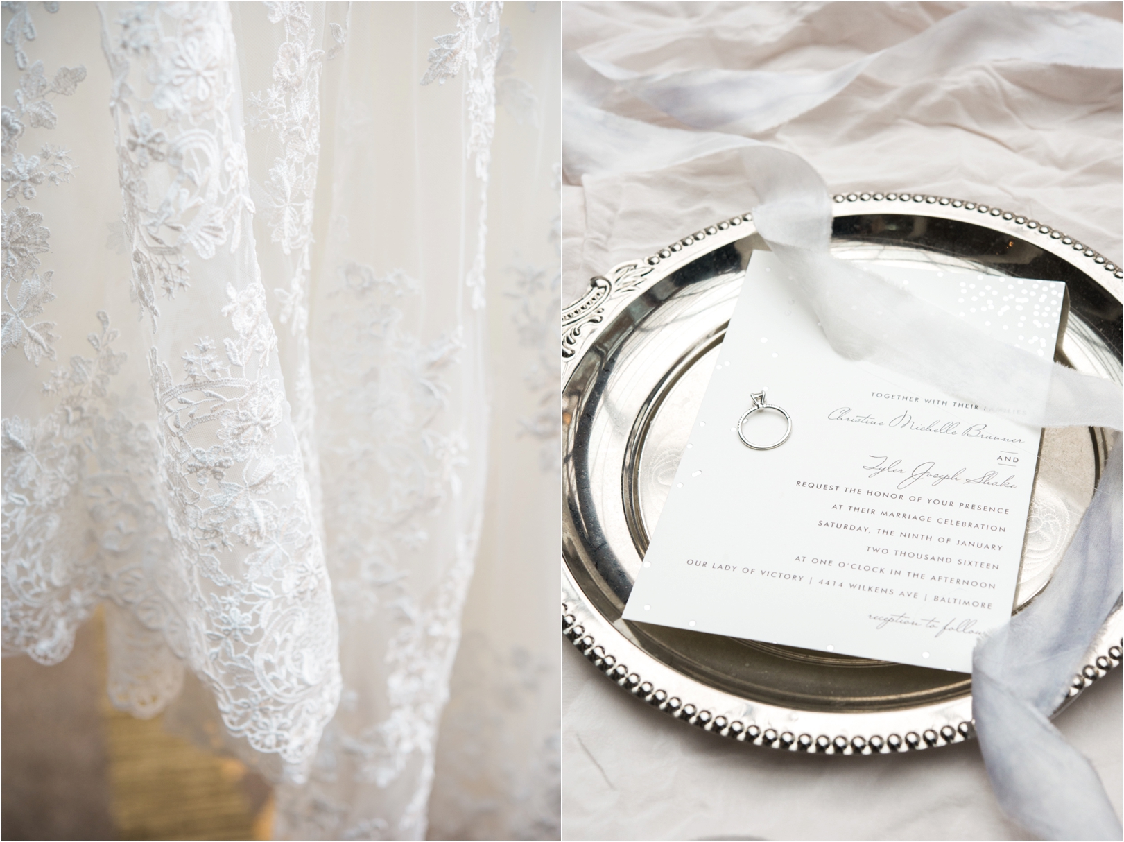 wedding details on silver tray