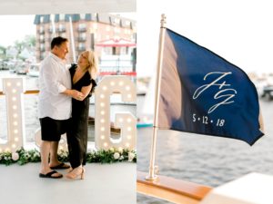 Navy and blush pink wedding celebration details during a sunset cruise on the Chesapeake Bay in Annapolis, Maryland.