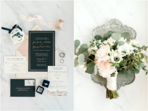 Navy and blush spring waterfront wedding celebration at Kurtz’s Beach in Pasadena, MD featuring neutral florals, custom touches, and high-end details.