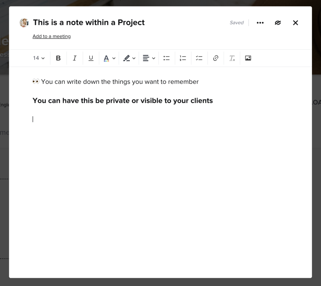 notes feature on honeybook project