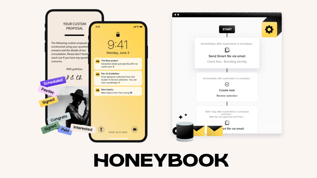 screenshots of features inside of Honeybook that are useful for photographers