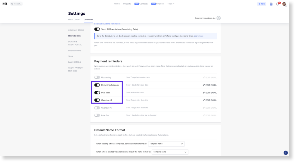 payment reminders inside honeybook